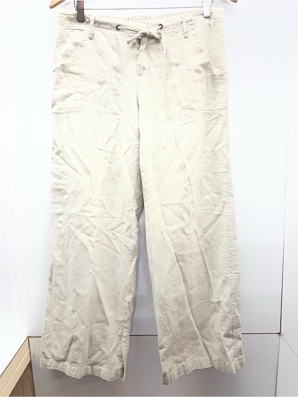 Just Living Neutral Wide-Leg Linen Blend Drawstring Pants in Light Taupe